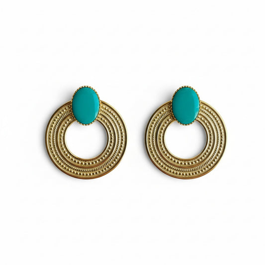 Boucles d'oreilles Louise - Puces dorées cabochon vert émeraude