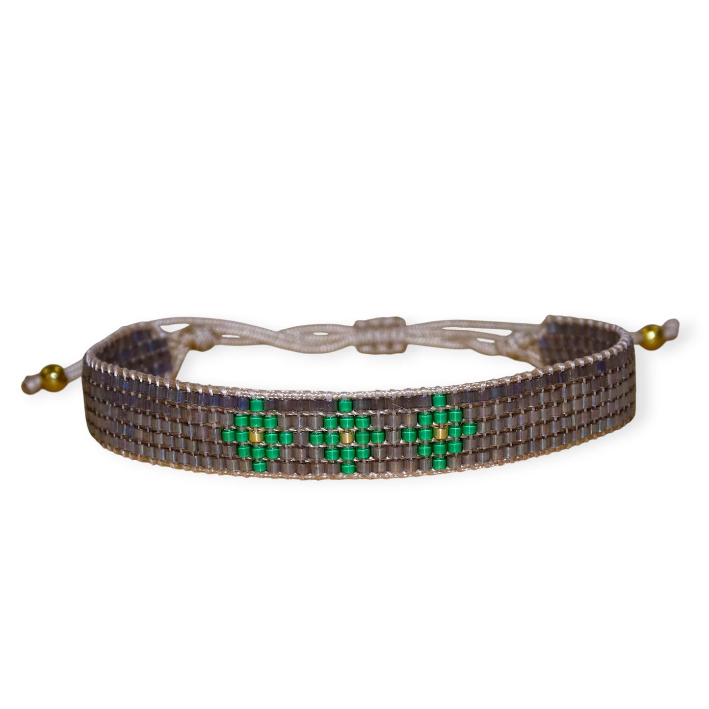 Bracelet Maé tissé main en perles Miyuki gris rustique, émeraude et doré