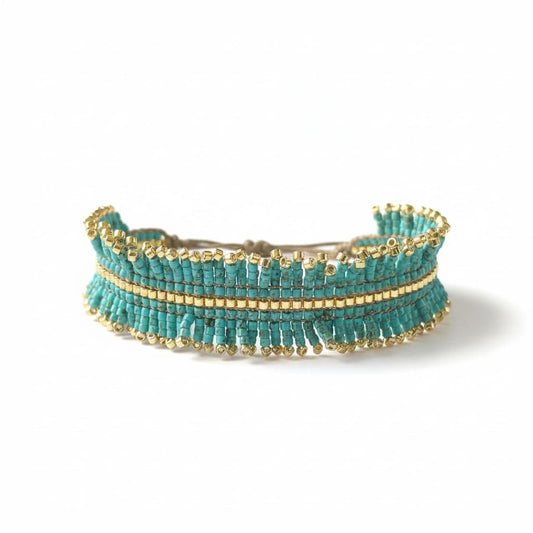 Bracelet à franges Nikos - Tissage artisanal turquoise picasso et doré