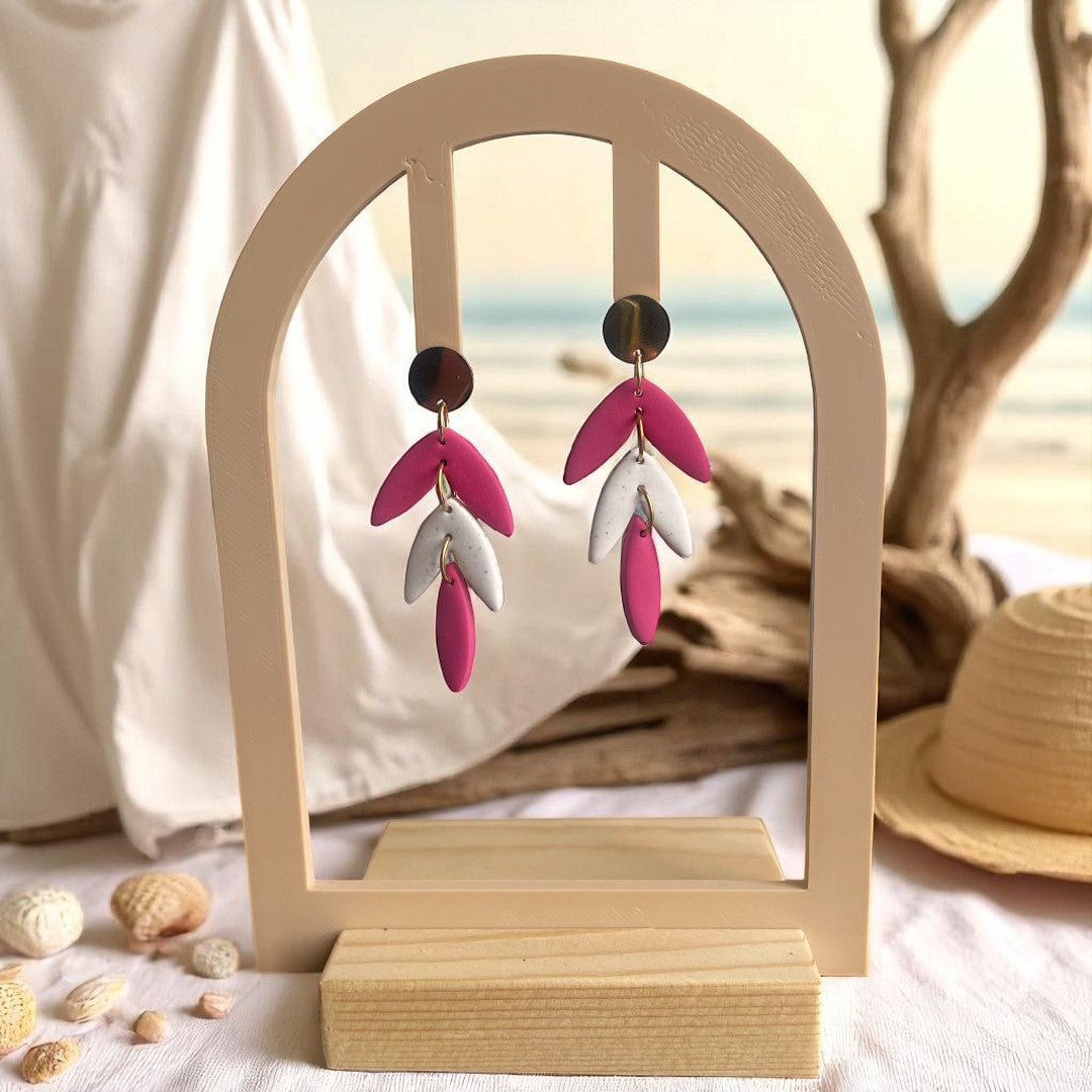 Boucles d’oreilles Calypso en pâte polymère coloris Fuchsia et blanc granite