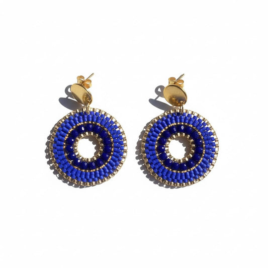 Boucles d'oreilles en perles Miyuki bleu roi et doré tissage à la main