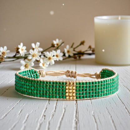 Bracelet Green – Bracelet en perles Miyuki vert émeraude et doré