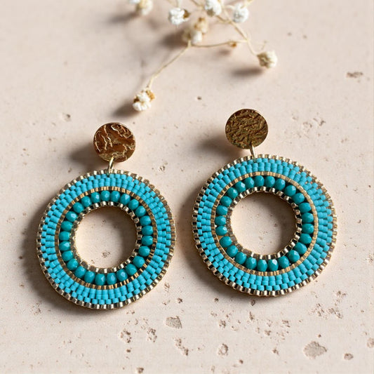 Boucles d’oreilles Grace turquoise tissées à la main en perles Miyuki Delica et perles de Bohème