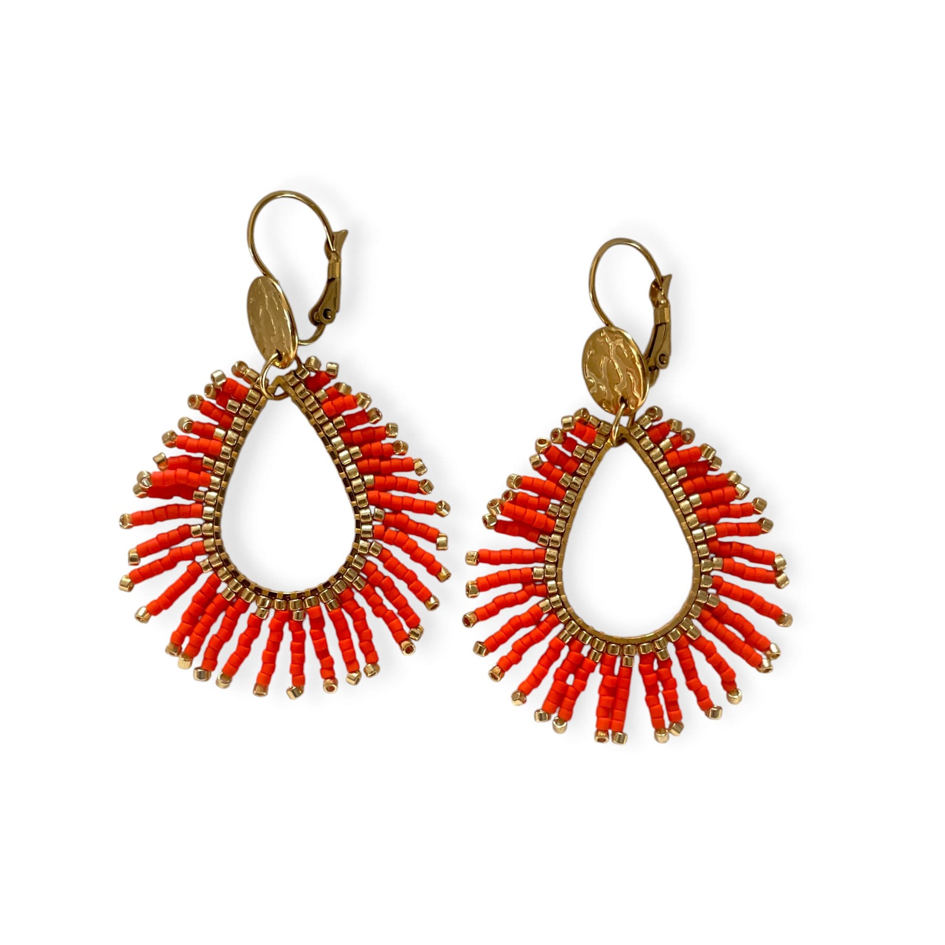  Détail boucles d'oreilles Héra - tissage artisanal perles Miyuki orange et or, 55mm, hypoallergéniques