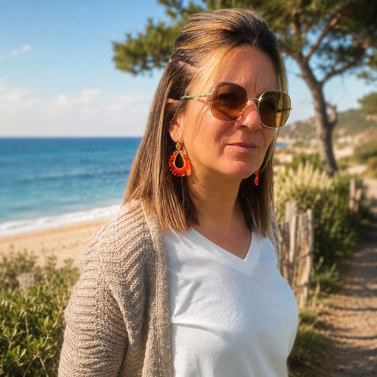 Boucles d'oreilles Héra orange et dorées portées par une femme - ATMY Bijoux