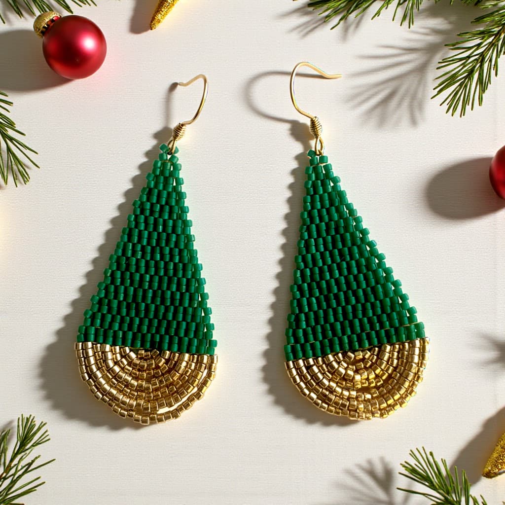 Boucles d’oreilles Holly en perles Miyuki Delica vert et doré, tissées à la main.