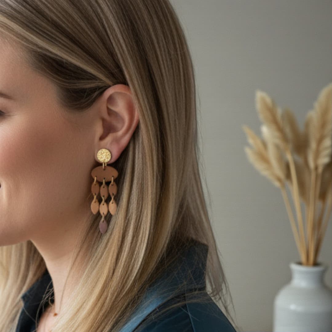 Boucles d’oreilles Isé – création artisanale ATMY Bijoux en pâte polymère marron cuir et doré.