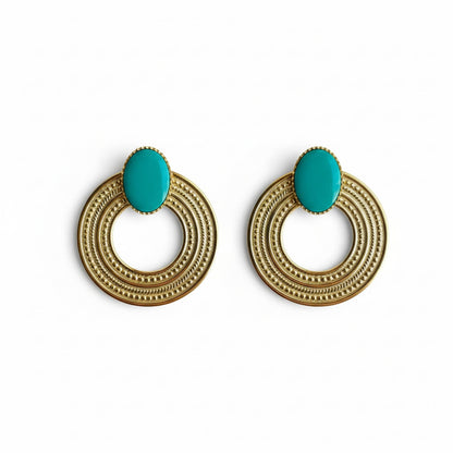 Boucles d'oreilles Louise - Puces dorées cabochon vert émeraude