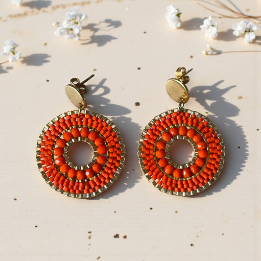 Boucles d'oreilles en perles Miyuki orange tissage à la main