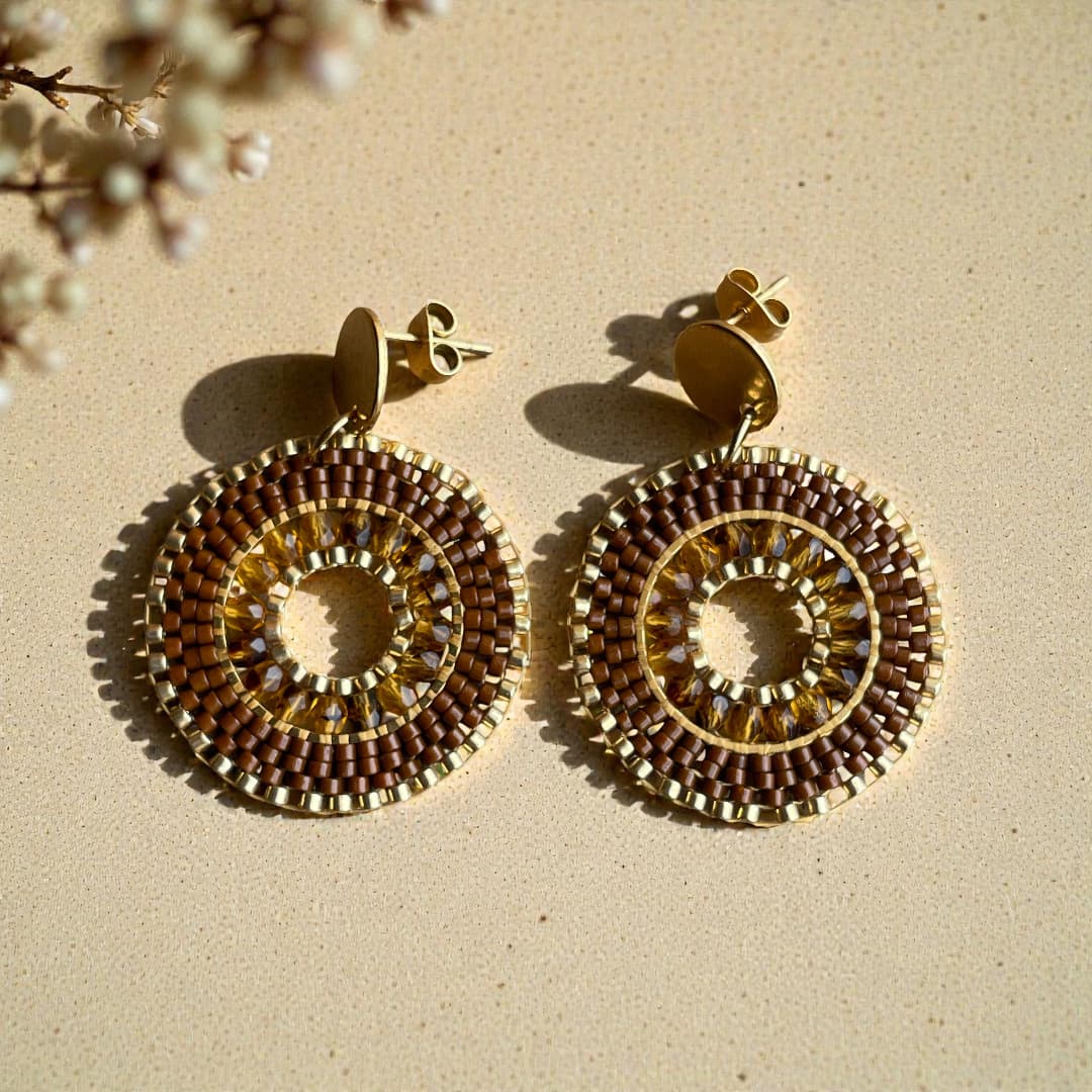 Boucles d'oreilles en perles Miyuki marron tissage à la main