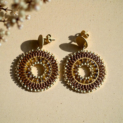 Boucles d'oreilles en perles Miyuki marron tissage à la main