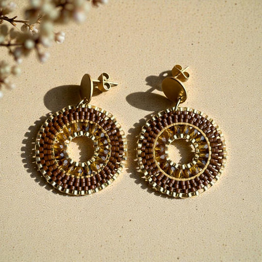 Boucles d'oreilles en perles Miyuki marron tissage à la main