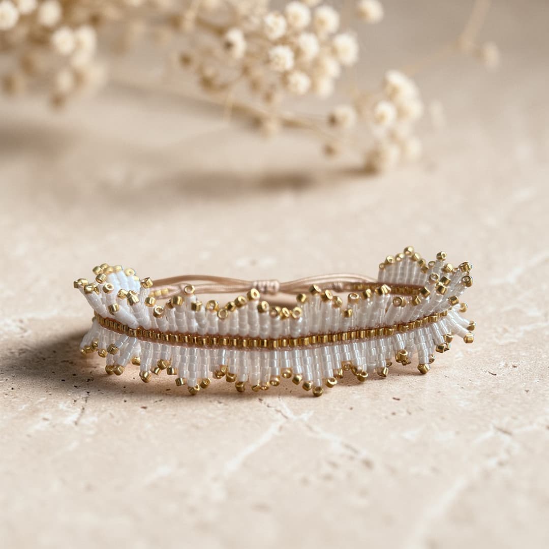 bracelet franges perles miyui delica blanc nacré et doré