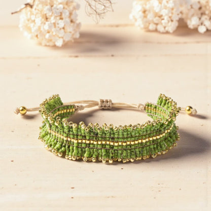 Bracelet à franges Nikos - Tissage artisanal vert picasso et doré