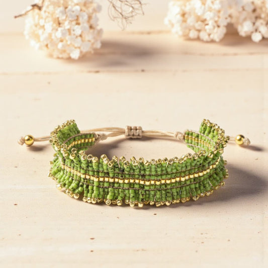 Bracelet à franges Nikos - Tissage artisanal vert picasso et doré