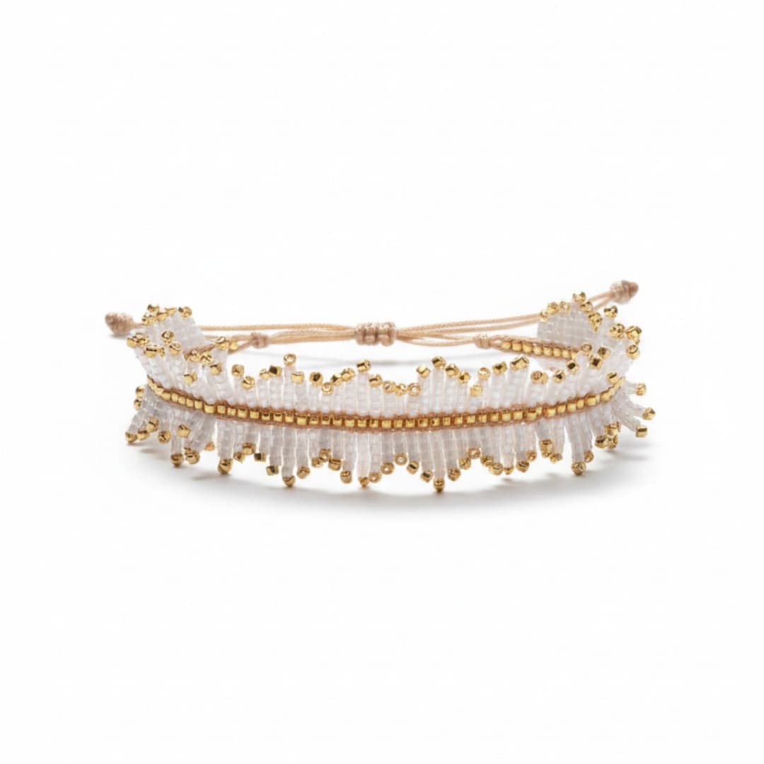 bracelet franges perles miyui delica blanc nacré et doré