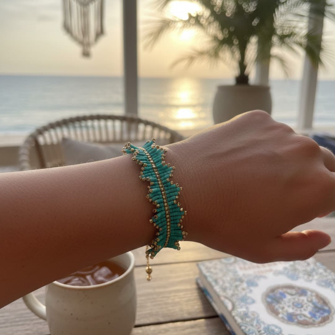 bracelet franges perles miyui delica turquoise et doré