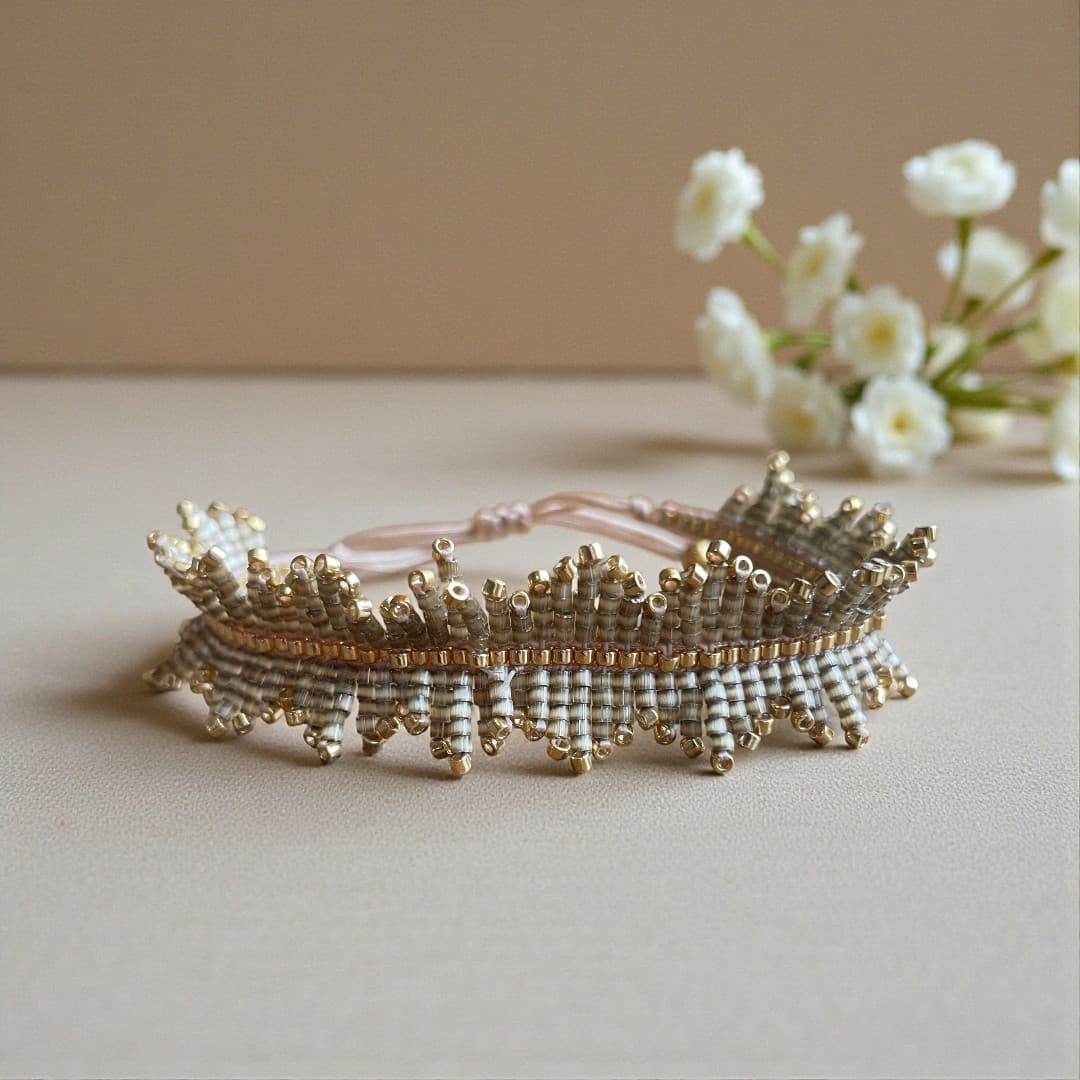 bracelet franges perles miyui delica Taupe satiné et or