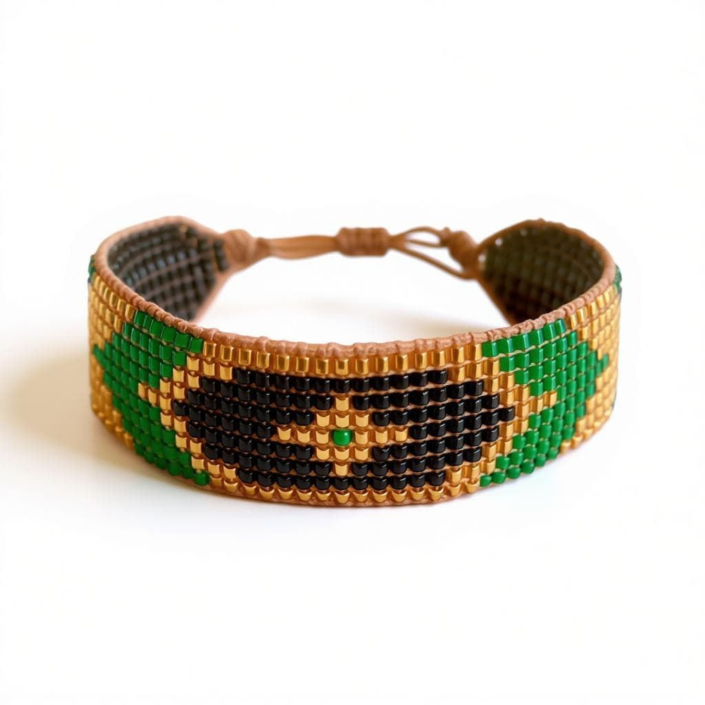 Photo d'un bracelet manchette Miyuki modèle Kemet tissé main. Le motif est composé de perles Doré, Vert Émeraude et Black Moss sur fond blanc.