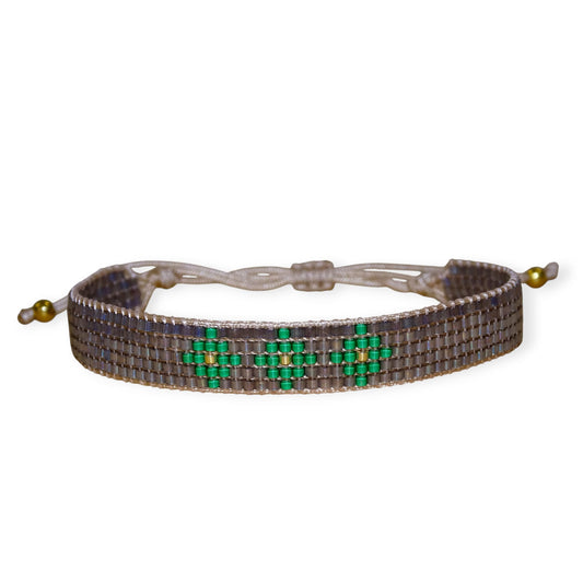 Bracelet Maé tissé main en perles Miyuki gris rustique, émeraude et doré