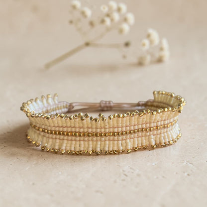 Bracelet à franges Nikos - Tissage artisanal crème et doré