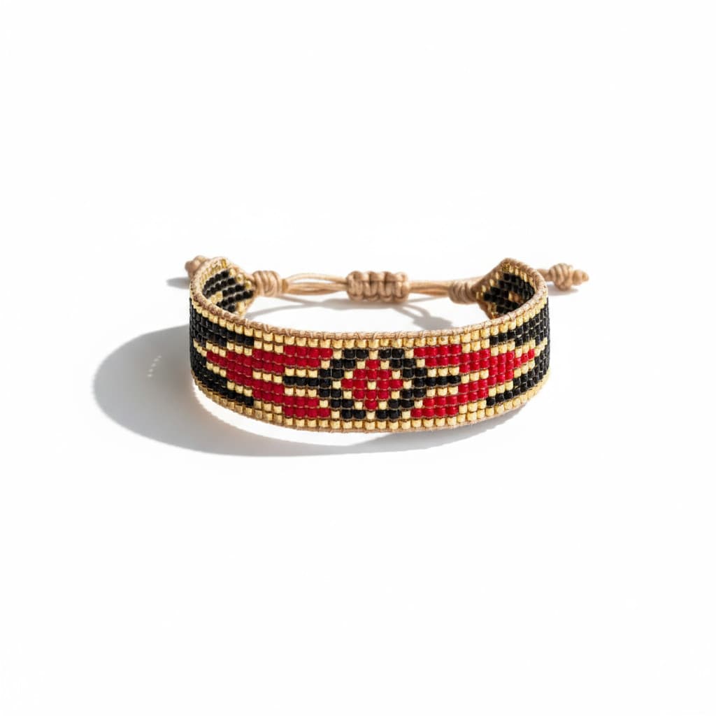 Bracelet Guy – Bracelet artisanal en perles Miyuki aux motifs amérindiens. Rouge, noir et doré. Ajustable, tendance et bohème chic. Pièce forte signée ATMY Bijoux.