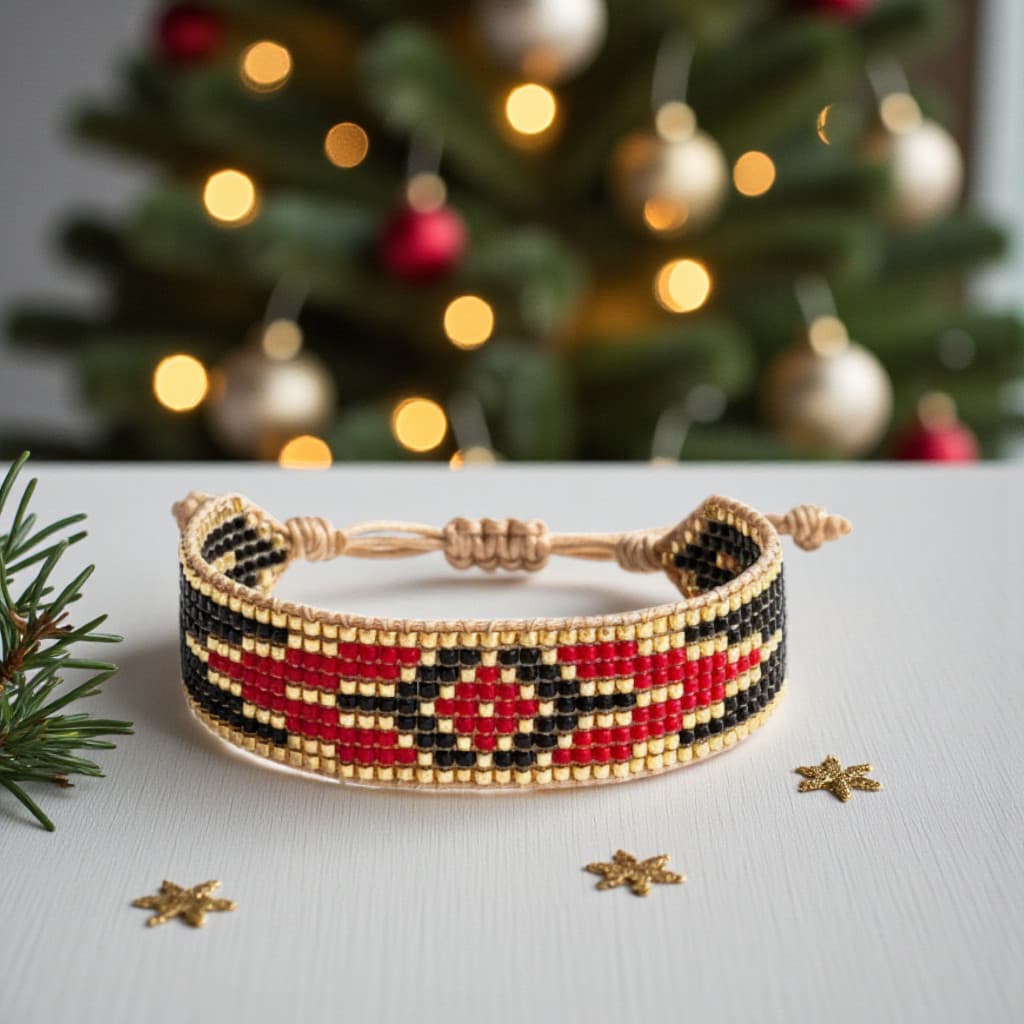 Bracelet Guy – Bracelet artisanal en perles Miyuki aux motifs amérindiens. Rouge, noir et doré. Ajustable, tendance et bohème chic. Pièce forte signée ATMY Bijoux.