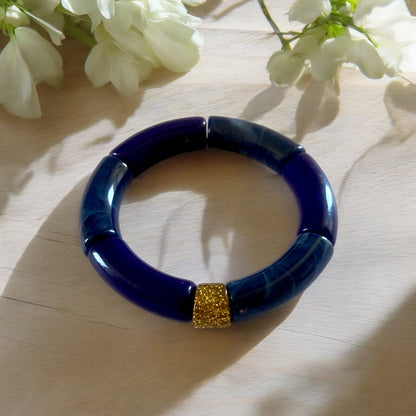 Bracelet élastique en perles incurvées épaisses bleu