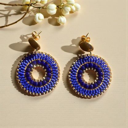 Boucles d'oreilles en perles Miyuki bleu roi et doré tissage à la main