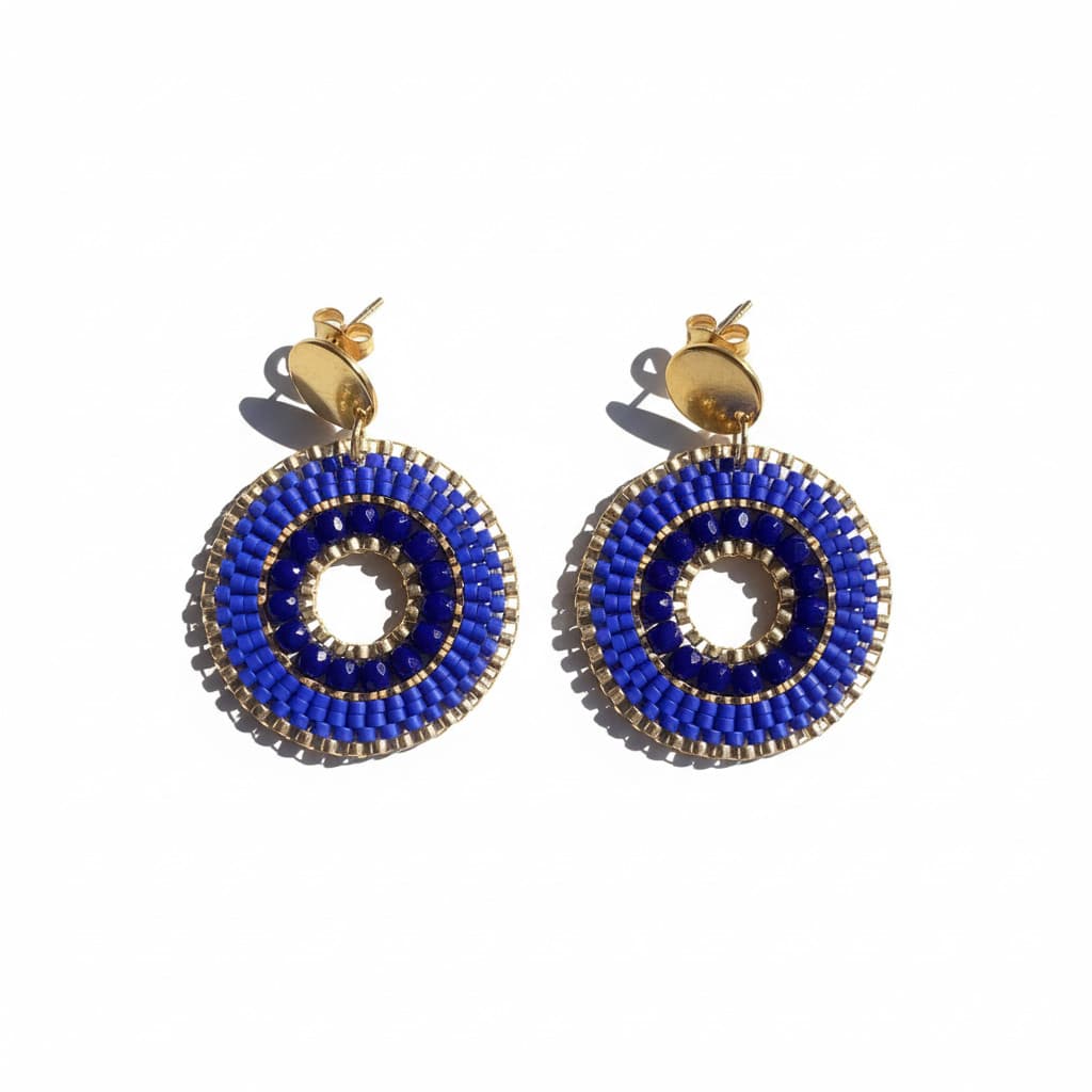 Boucles d'oreilles en perles Miyuki bleu roi et doré tissage à la main