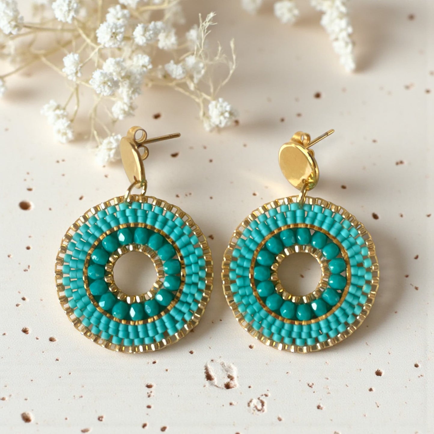 Boucles d'oreilles en perles Miyuki turquoise tissage à la main