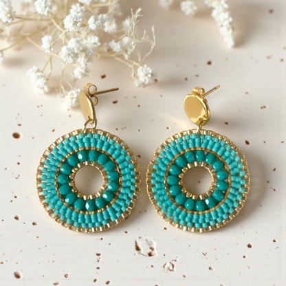 Boucles d'oreilles en perles Miyuki turquoise tissage à la main