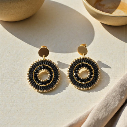 Boucles d'oreilles Sofia - Tissage artisanal noir et or